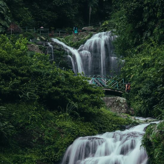 A wide view of waterfalls amidst greenery