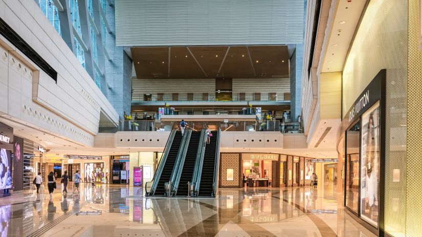 outlets and escalators in mall