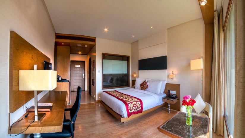 interiors of the deluxe room at Narayani Heights 