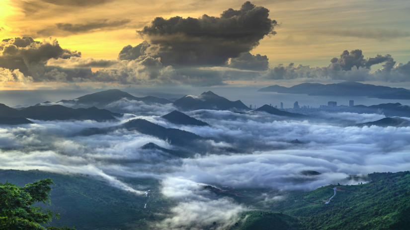 Clouds hovering on majestic mountains in Lachens