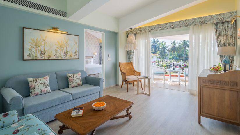 A Portuguese styled room with pastel interiors and furniture in one of the rooms at Heritage village resorts & spa, goa