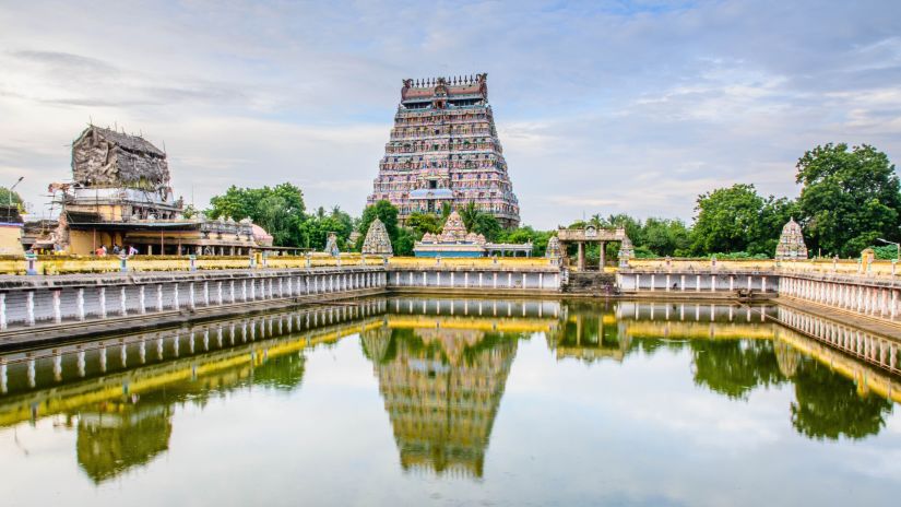 Neemrana's Coconut Alley - Nataraj Temple with a crystal clear lake in front of it