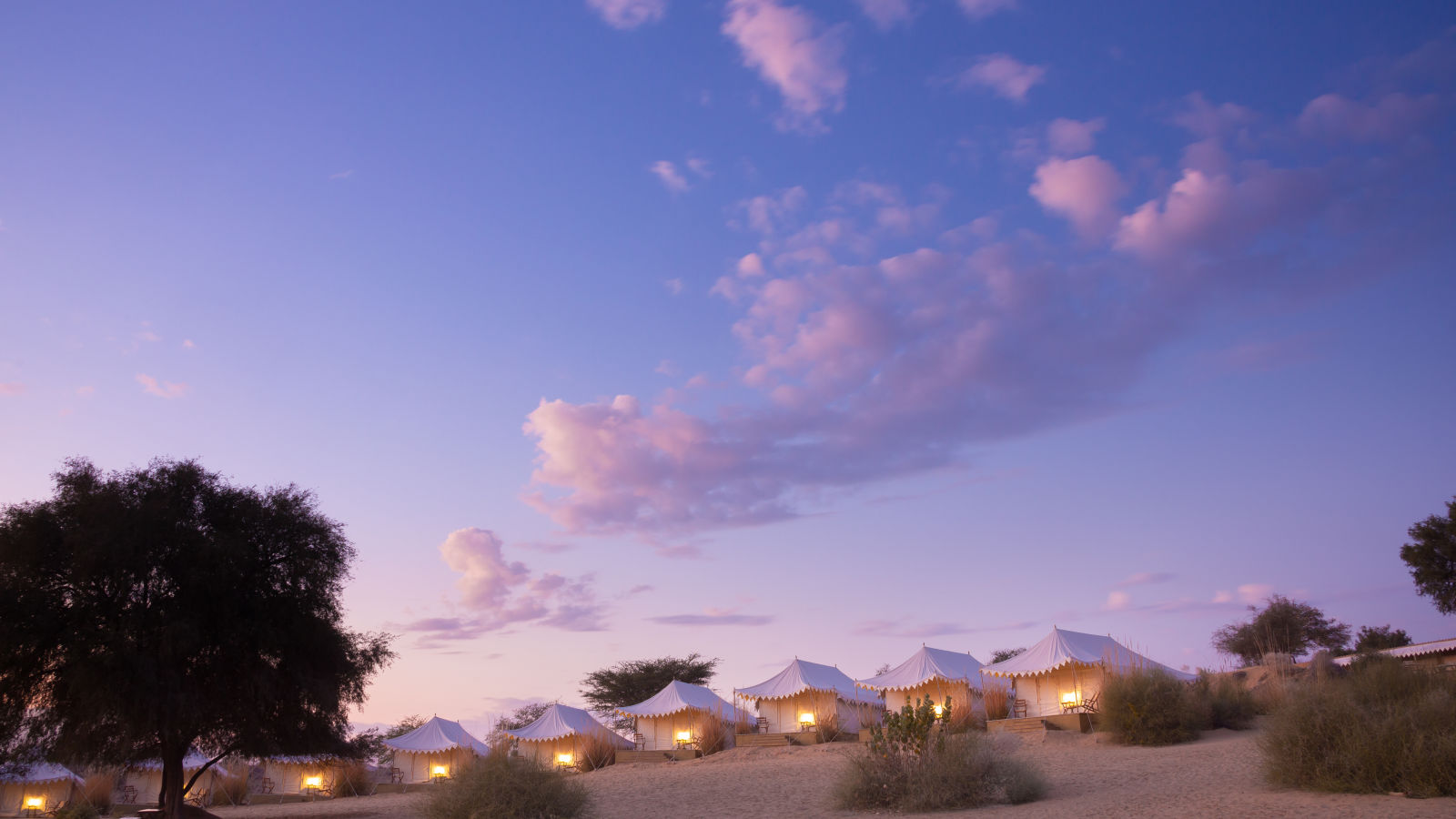 Tents at Manvar Resort and Desert Camp during the evening