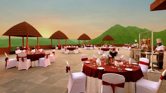 The decorated seating area of Tara, the rooftop restaurant at The Ananta, Udaipur 