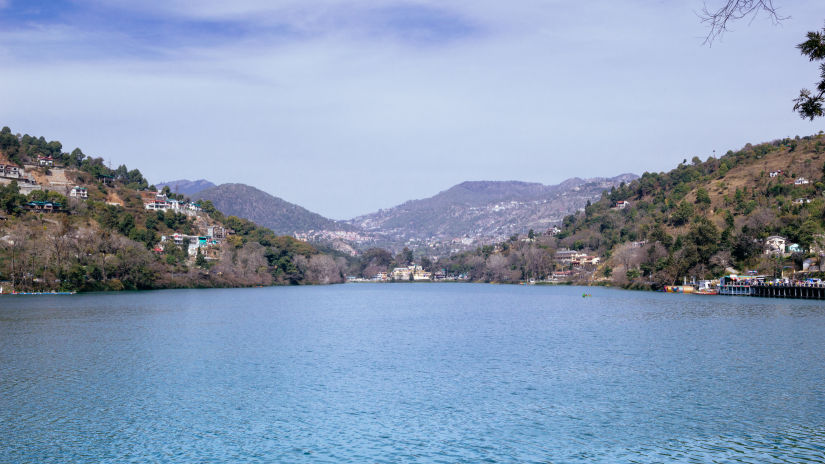 Panoramic view of Bhimtal lake from Aquarium Island Cafe by The Lake Hill