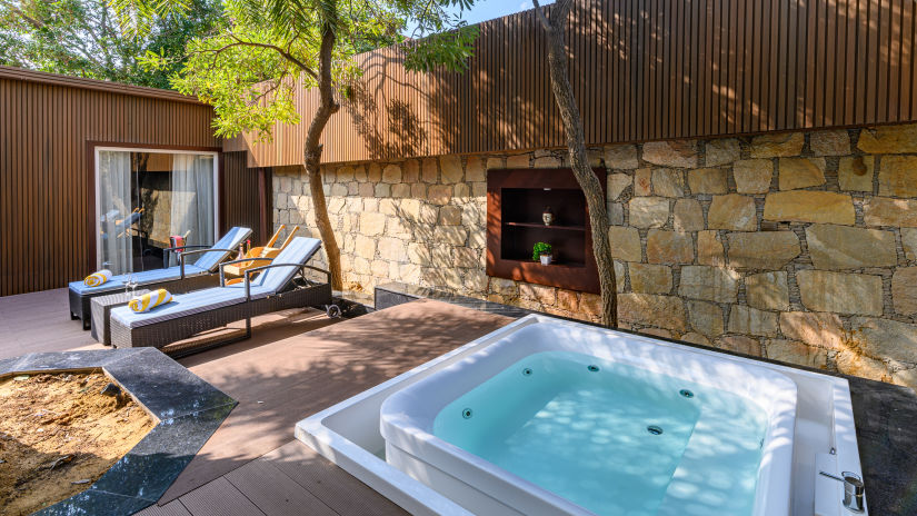 the sit out area of our presidential suite with a jacuzzi for a delightful stay in Pushkar7