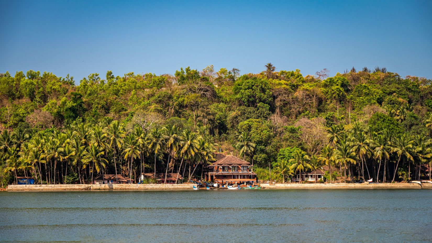 Water in the foreground with trees and a small building on land