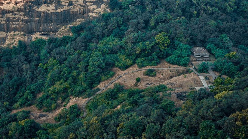 An aerial view of Rajmachi Fort