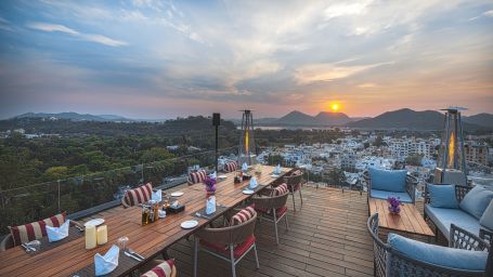 Seating arrangements on rooftop at Parallel Hotel, Udaipur