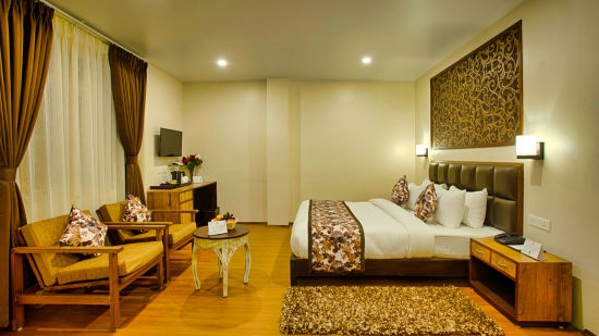 a luxurious suite room with modern amenities and wooden flooring and pristine white walls for a cosy stay - side angle view of lobby area with green-yellow colour furniture and curtained windows behind the couch - the aryan regency