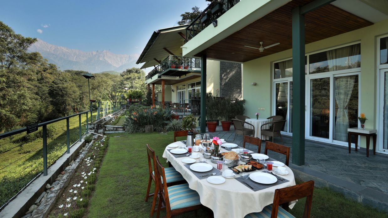 A perfect space for Garden Breakfast table surrounded by lush green trees under clear blue sky - Lamrin Norwood Green, Palampur