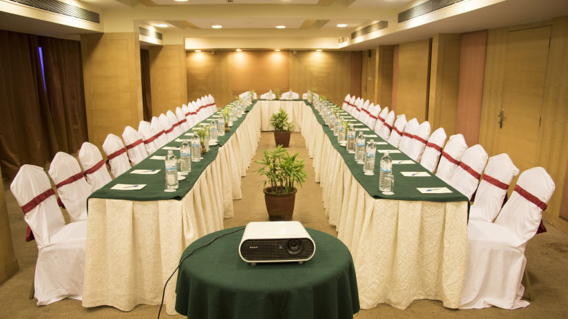 Rectangle style seating arrangement inside Emrald Board Room Hotel VITS Aurangabad 