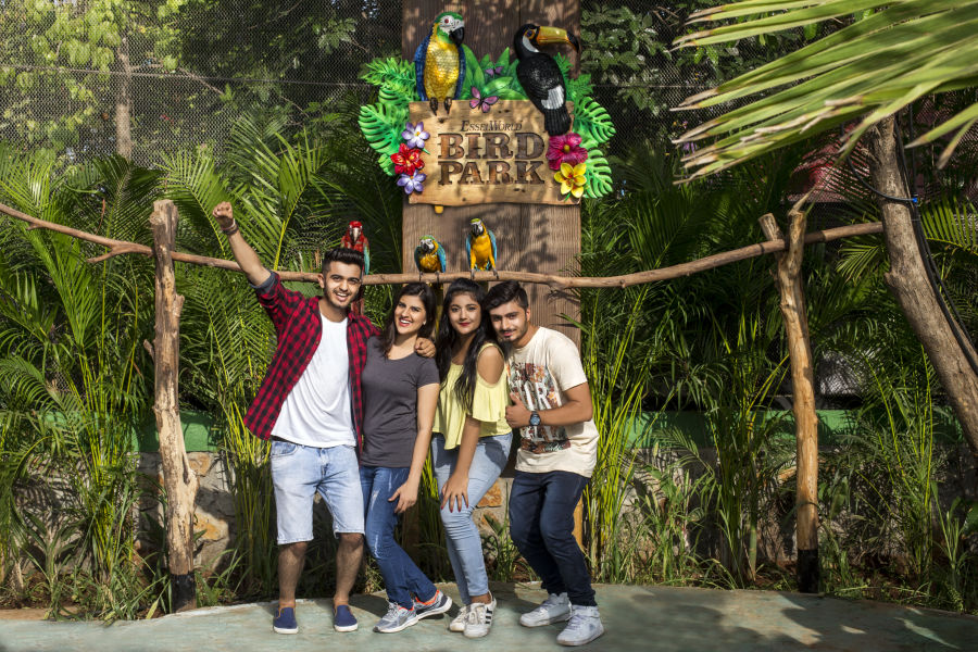 alt-text bird park esselworld,  a group taking a picture in front of the logo of bird park