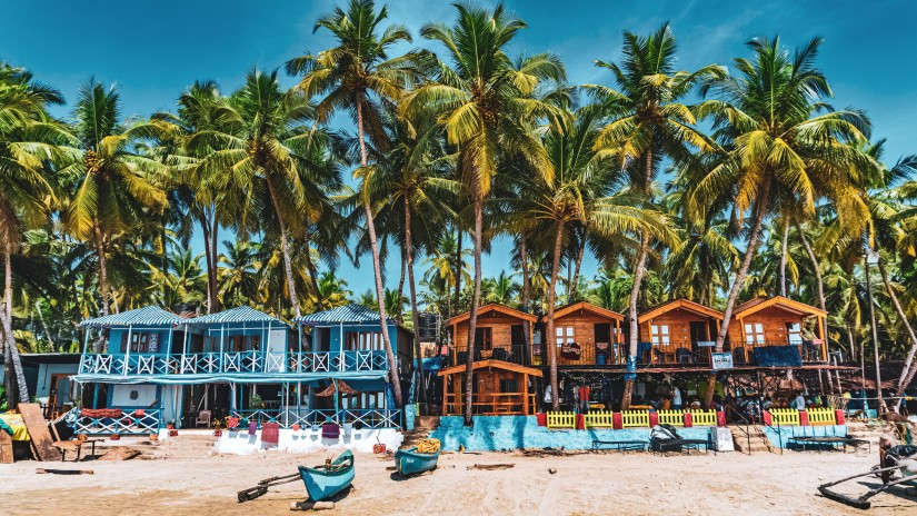 Beach in goa with several boats lining up and palm tress shadowing the beach