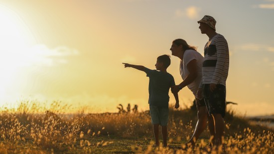 a child pointing a far-off object out to parents 