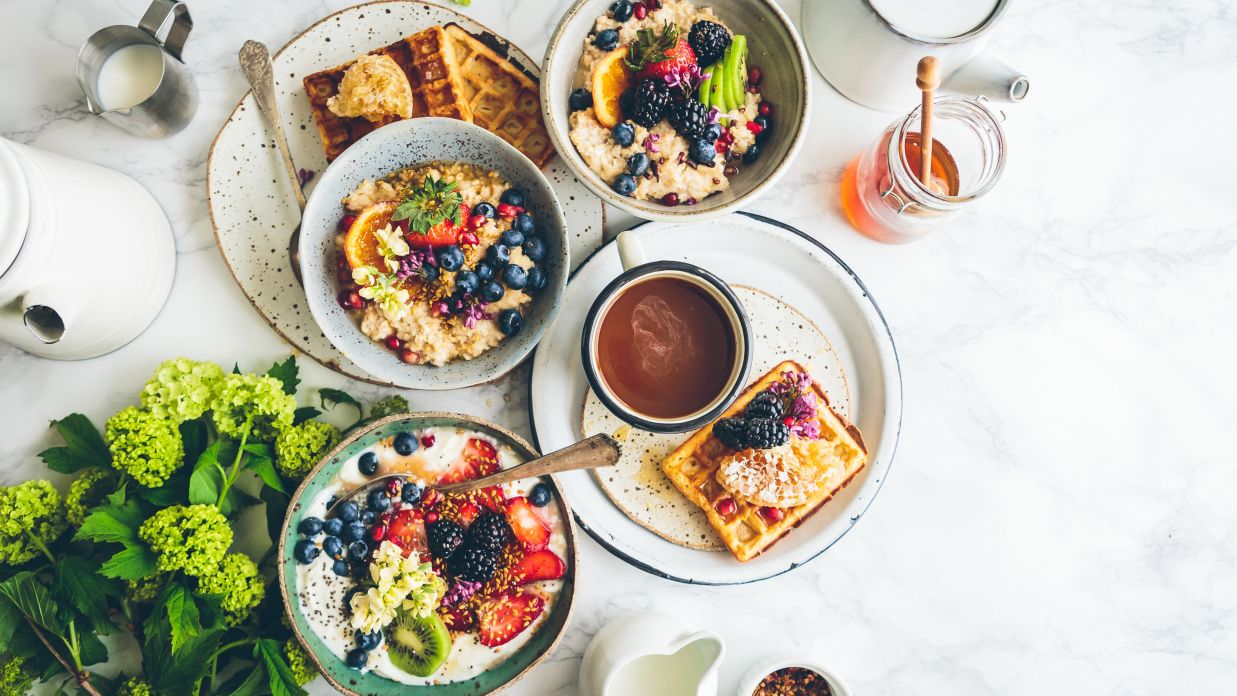 breakfast served on a marble table