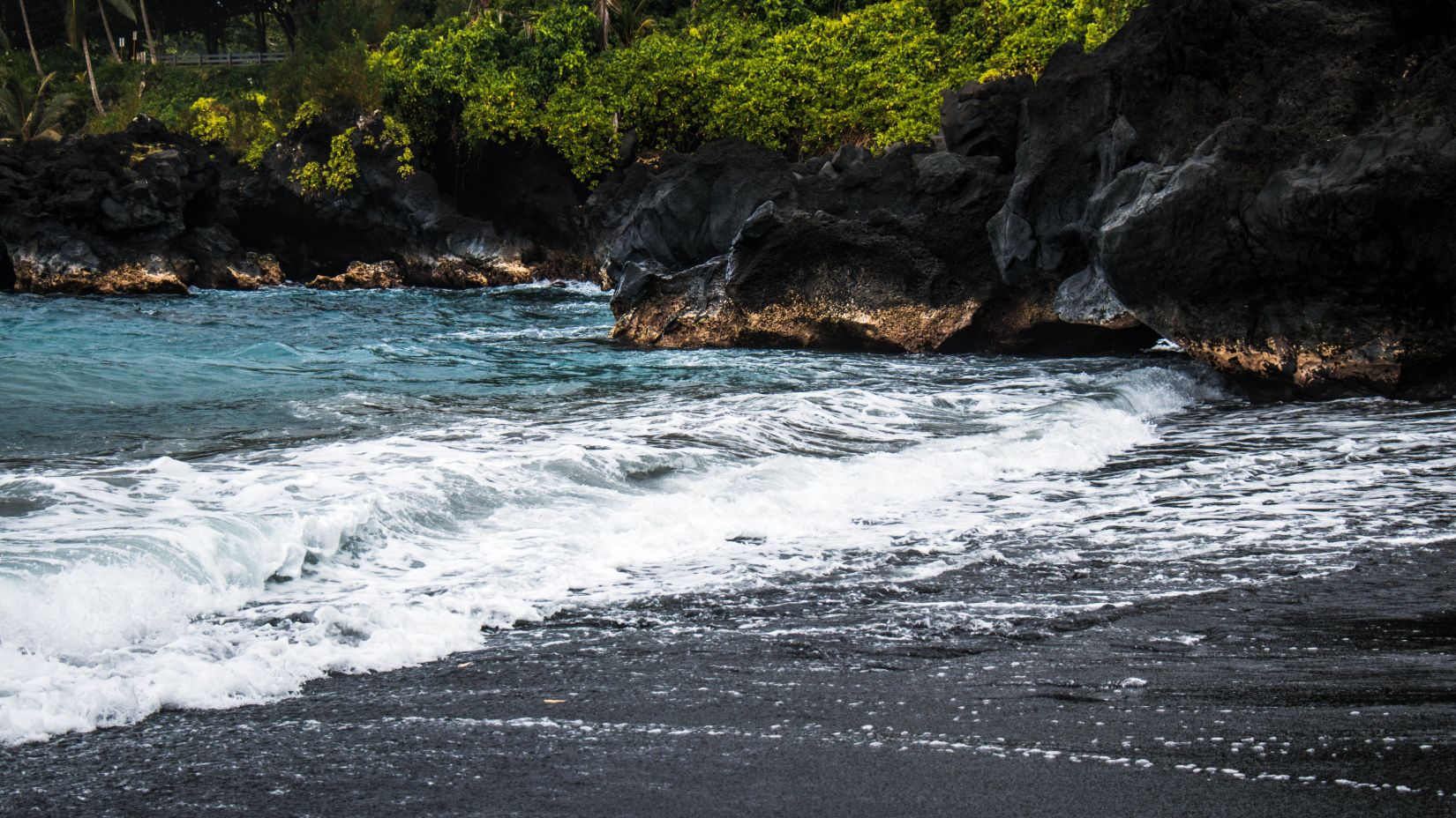 black sand beach with greenery around