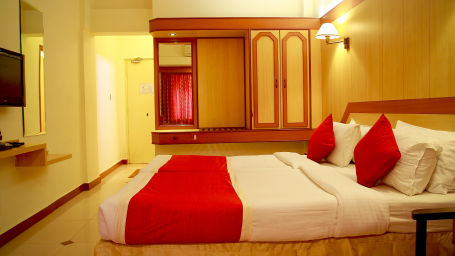 a view of a room furnished with a comfortable bed, television, wardrobe and looking glass - Hotel Swagath, Bangalore