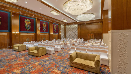 Round seating arrangements at Hybiscuss hall - Shyama Sarovar Portico Orai 1