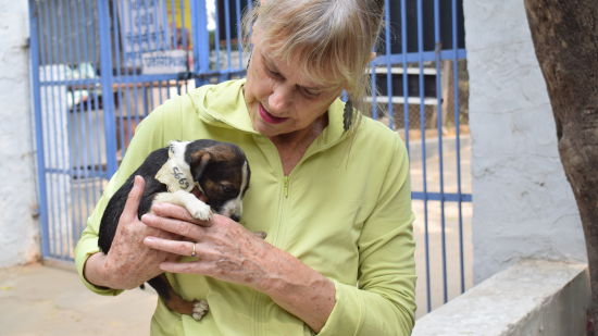 A woman holding a puppy