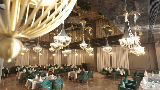 restaurant with blue chairs and white tables and round lights on the ceiling