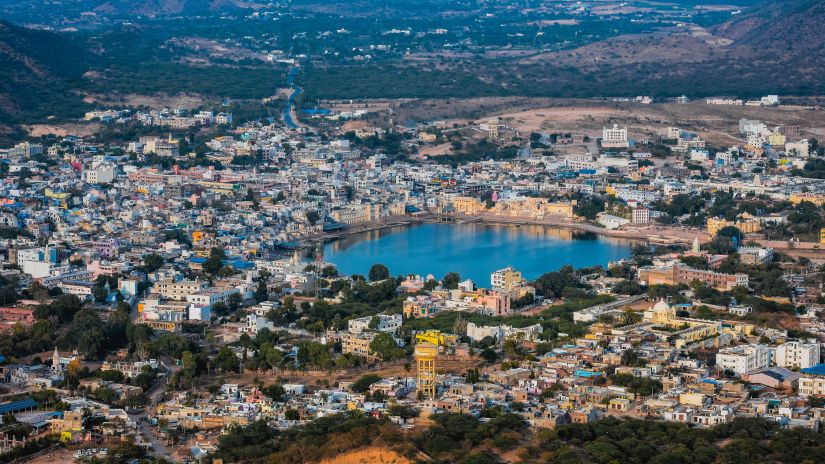 Pushkar town settled around a blue lake