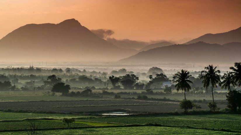 an overview of the city of Coimbatore with mist covering the grasslands