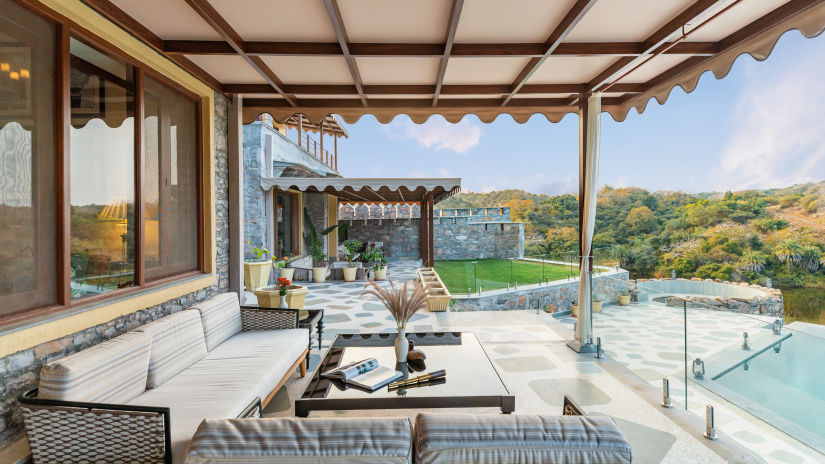 seating arrangements under a canopy on the balcony at Villa - Chunda Shikar Oudi