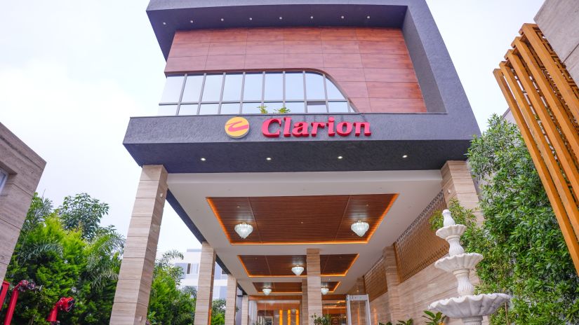 Clarion written on the exterior of our hotel in Bangalore