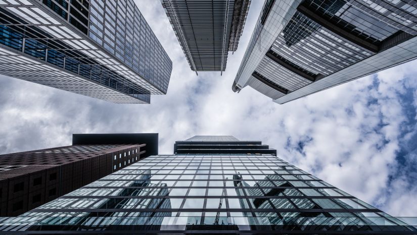 A view of office building from below