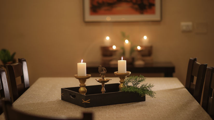 The dining table prepped with candles 2 - Lamrin Boutique Cottages Rishikesh