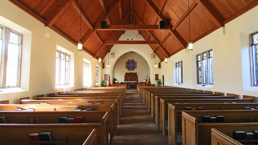 Seating arrangements inside a church leading to the altar