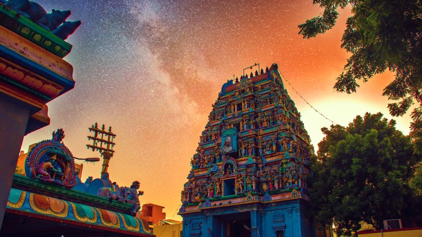 facade of A temple in Chennai pictured during sunset 