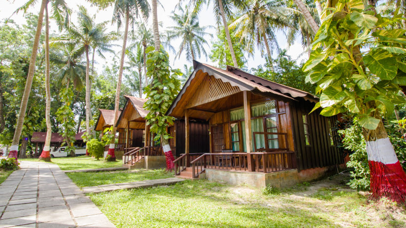 wooden cottages at the Symphony resort in havelock