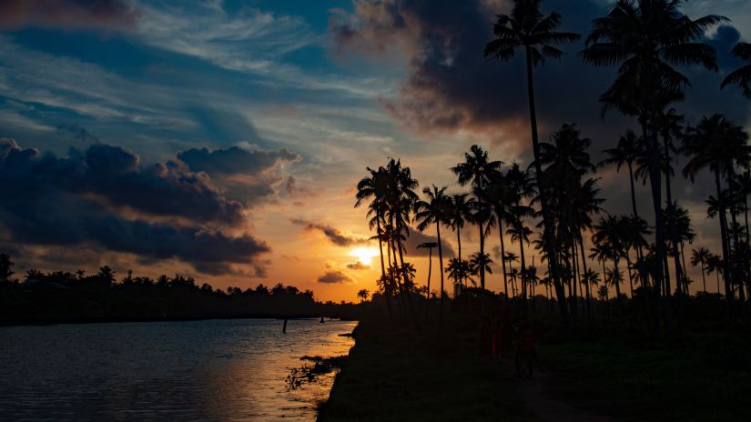 a setting sun with trees and backwaters in view