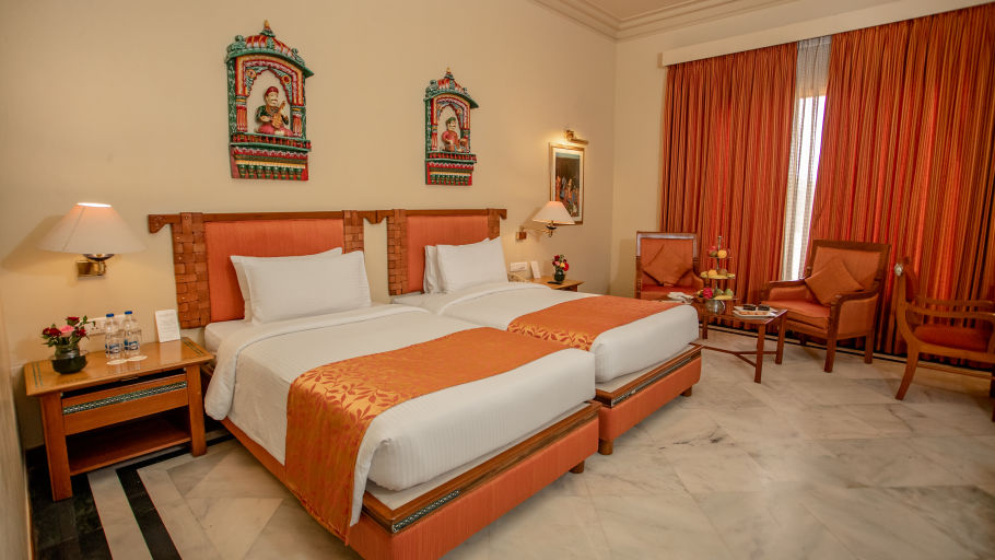 luxurious twin-beds in a room with bedside lamp shade and aesthetic interior - The Ummed Jodhpur, Palace Road and Spa2