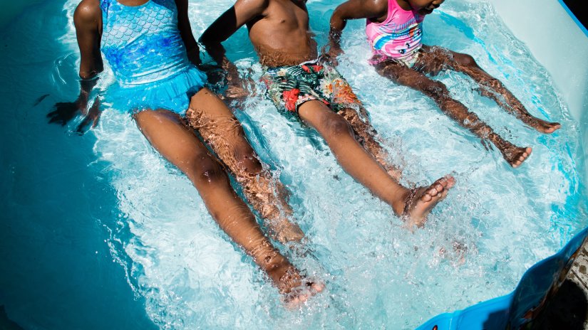 Kids in swimsuits in a water park