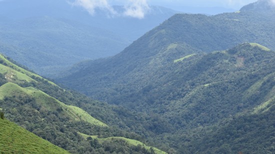 lush green mountain valley with forests and clouds in the background