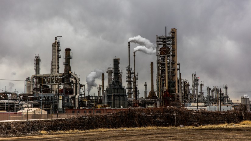 View of factories in an industrial area with a gloomy sky