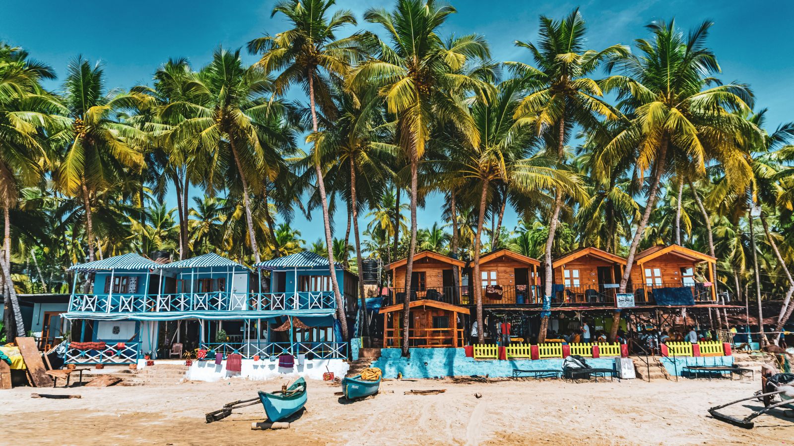 An overview of palolem beach with boats parked on the beach and coconut trees in the background