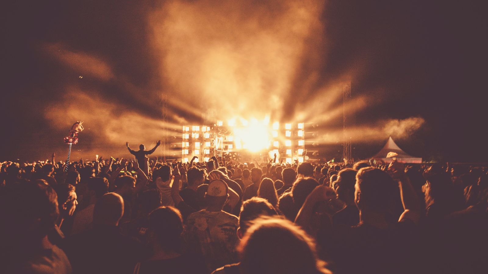 a crowd attending and cheering at a concert