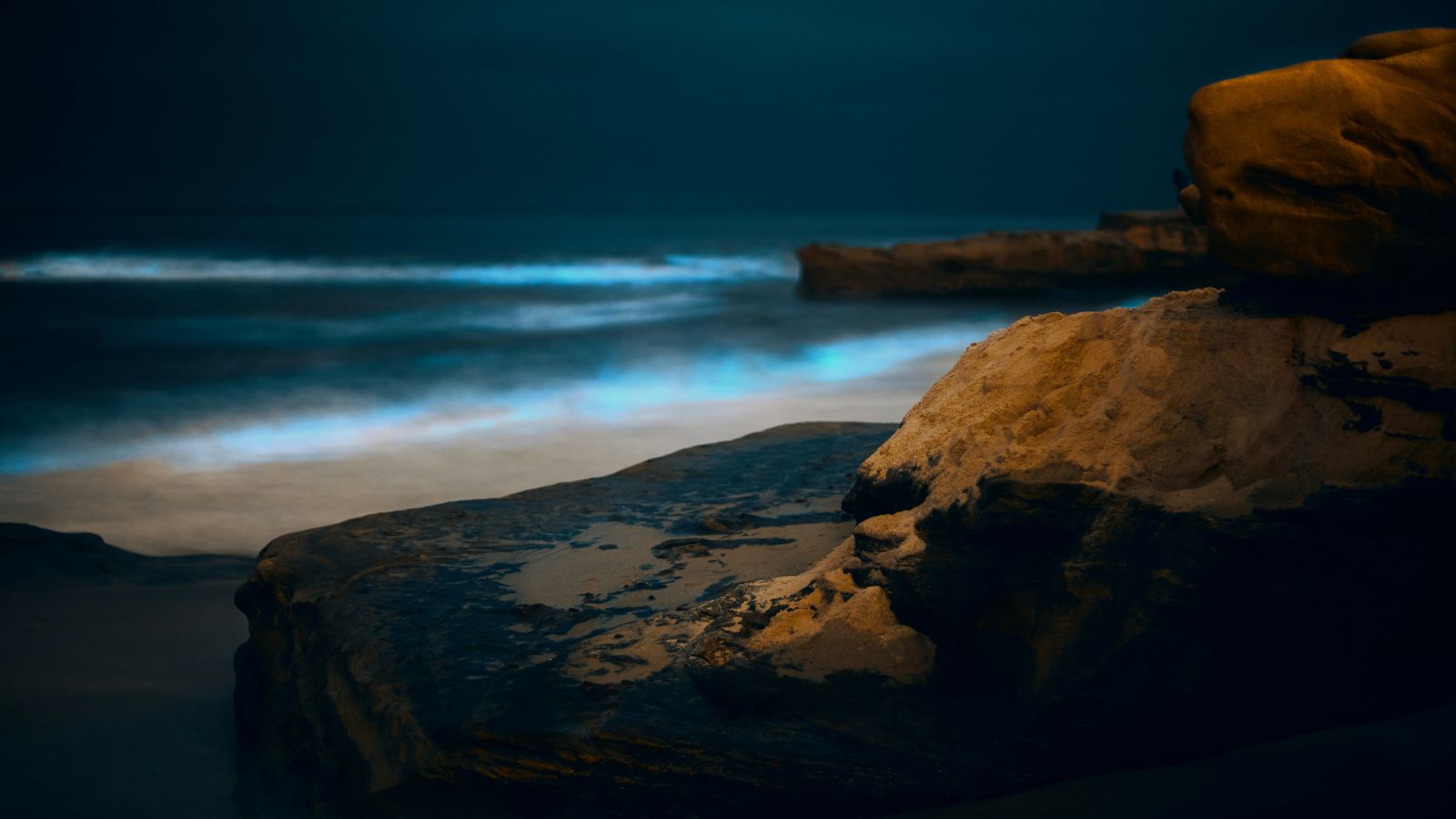 Phytoplankton bioluminescence on the shores of a beach with rocks in the foreground