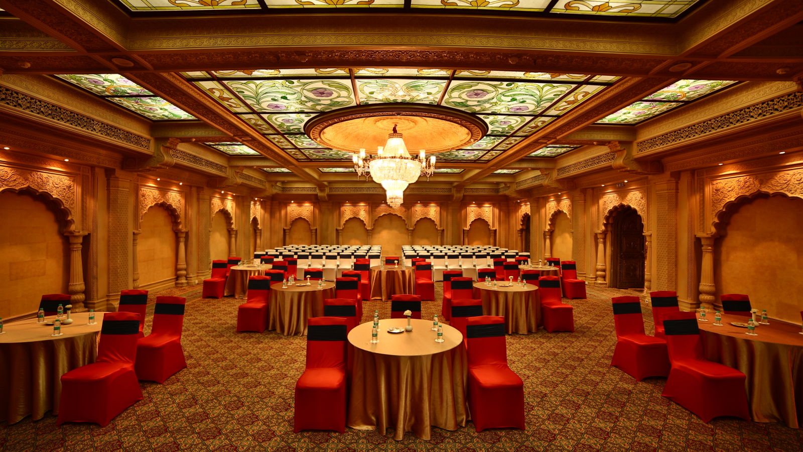 Seating arrangement in Taj Mahal Hall at Sitara Luxury Hotel