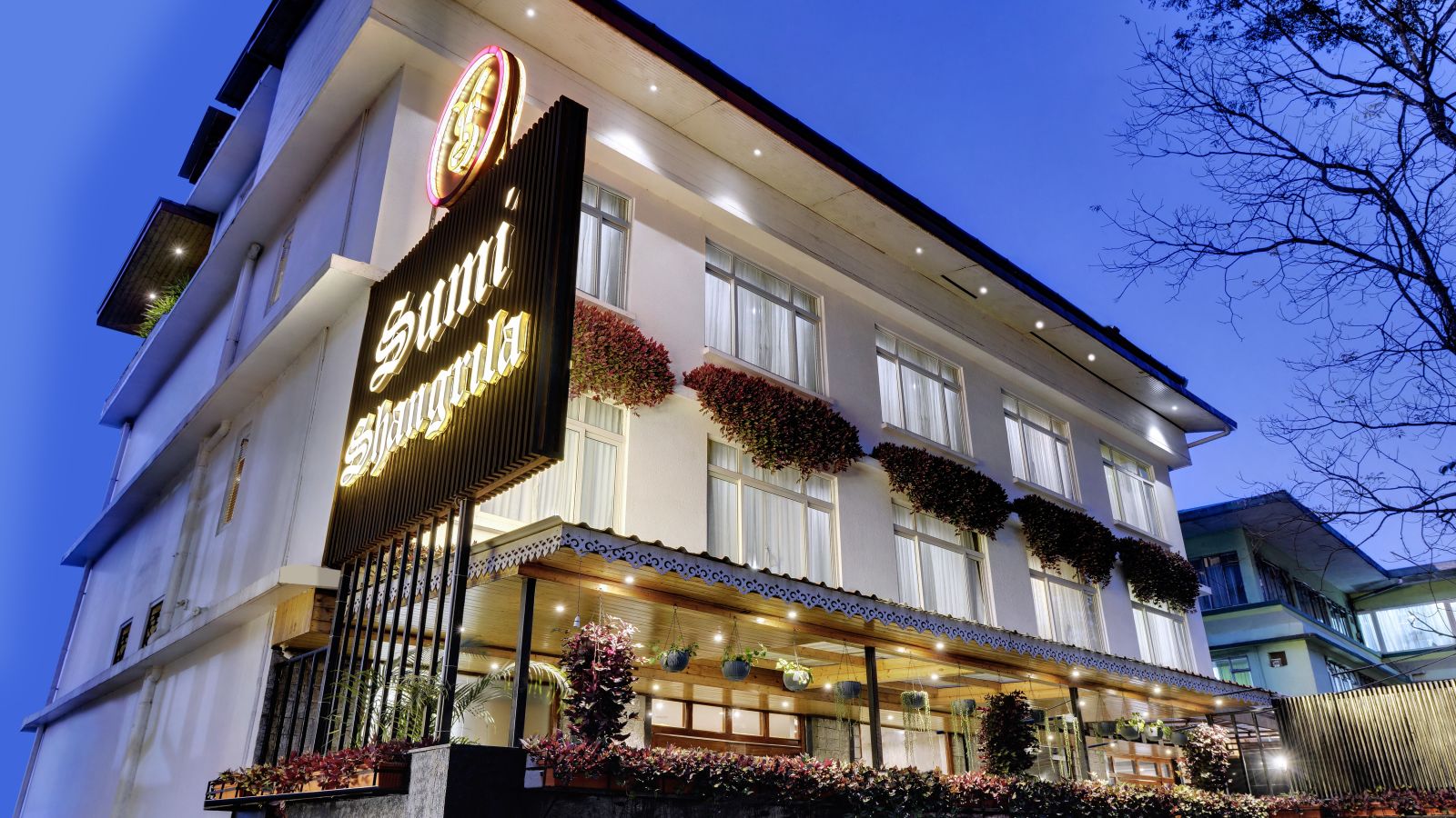 Facade view of Sumitel Shangrila, Deorali with the evening sky in the background