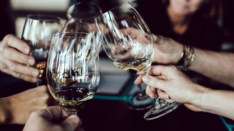 a group of people clinking their wine glasses