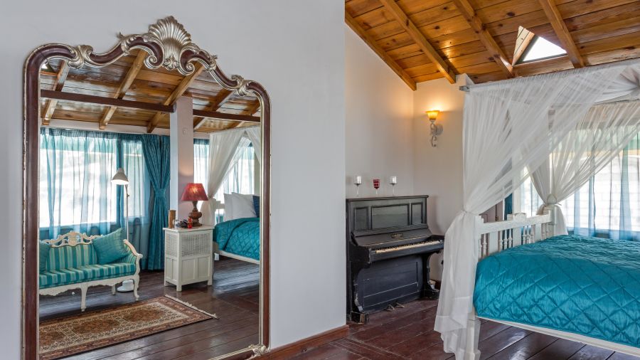 Room of the 2 bhk cottage with a large mirror and a bed with canopy on the side at Bed with side canopy and a lamp on the side of the bed at 3 bhk cottage at Te Aroha by Shervani Mukteshwar