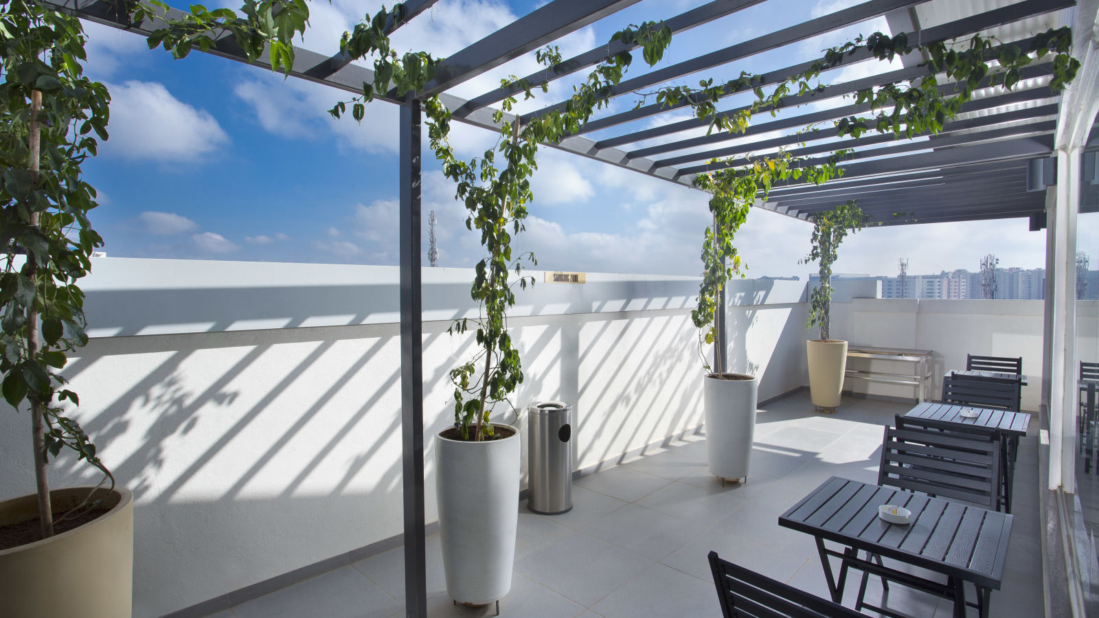 A rooftop terrace with a pergola, climbing plants and seating area against an urban backdrop - De Venetian by TGI, Brookefield