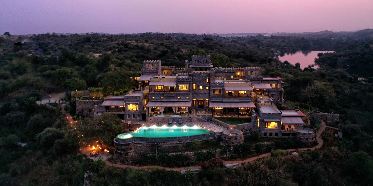 An aerial view from a Drone of Chunda Shikar Oudi with the swimming pool in full view 