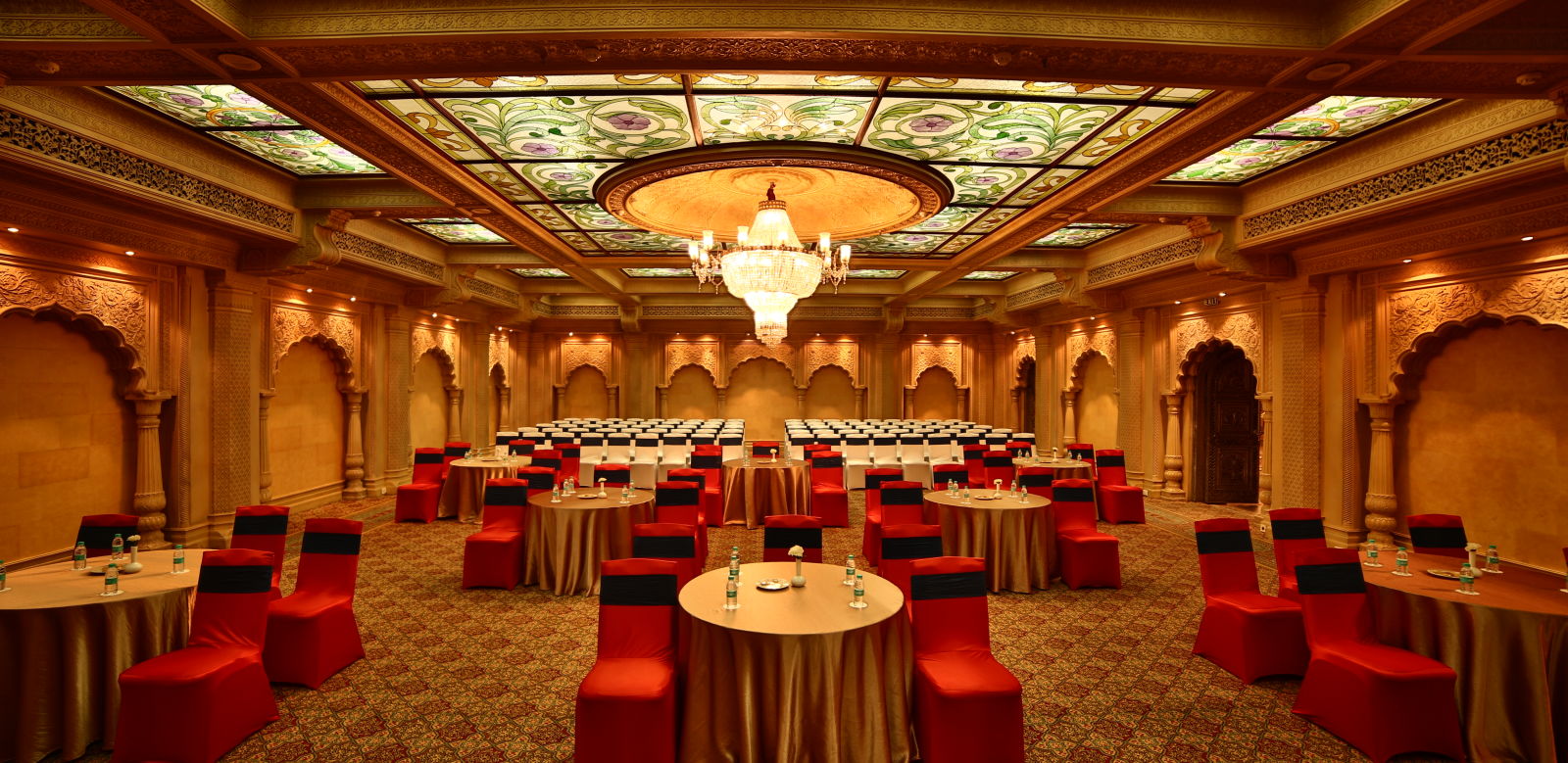 Seating arrangement in Taj Mahal Hall at Sitara Luxury Hotel