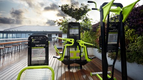 Gym equipment in the outdoor area at Hablis Hotel, Chennai